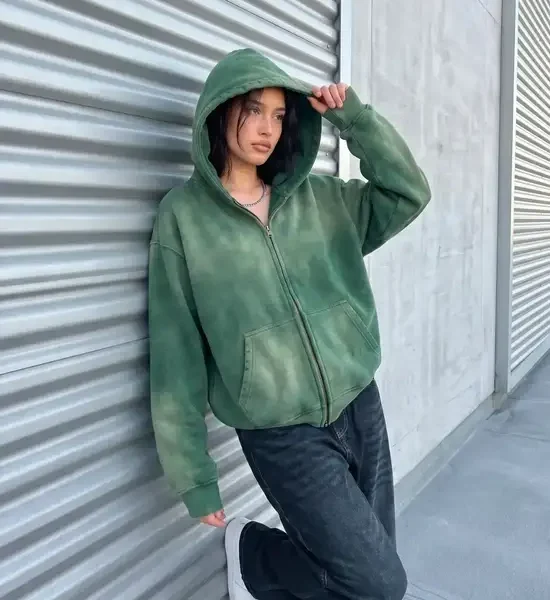 Y Side “Mondial” Washed Zip up Hoodie Vert (2)